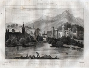イヴレア城 - Castello di Ivrea - M. de Norvins, Ch. Nodier 1834-1836による "Picturesque Italy "からのエングレーヴィング。 作： French School