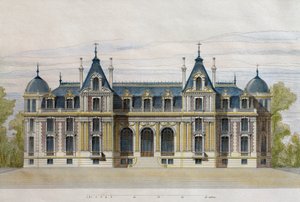 P.ブラザーズに所属するノイフリーズ城、庭園の正面、ルモニテュールデアーキテクツのイラスト、1884年、F。ペネルの彫刻（カラー彫刻）