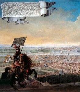 フォーブル・サンジャックから見たパリの騎馬像 1358年、エティエンヌ・マルセルの裏切りの後、ペパン・デッサール宰相がパリを防衛したことを記念したもの。詳細フランス派の絵画。1640年日。0.96x1.92 m パリ、カルナヴァレ美術館 作： French School