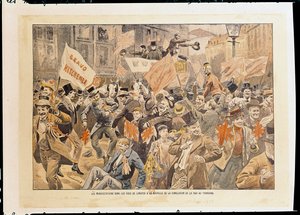1902 年 5 月、トランスバール川の和平締結のニュースを受けて、ロンドンの街頭で行われた祝賀会 (印刷物) 作： French School