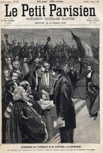 科学者ルイ・パスツール(1822-1895)の誕生日を祝うソルボンヌ大学での記念式典。1893年8月1日付の新聞「Le Petit Parisien」の1枚（エングレービング 作： French School