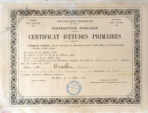 初等教育証明書、アカデミードゥリール、1898年（紙にインク） 作： French School