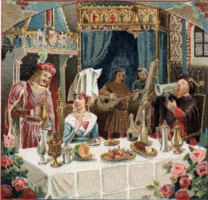 ウスズ城での宴席で、ベルス・クジーヌ（Belles-Cousines）の夫人に酒を振る舞う侍従長ジェハン・ド・サントル。アントワーヌ・ド・ラ・サール（ラ・サール）（1386年頃-1462年頃）の小説「Le petit Jehan de Saintre」の一場面。のクロモリトグラフ。 作： French School