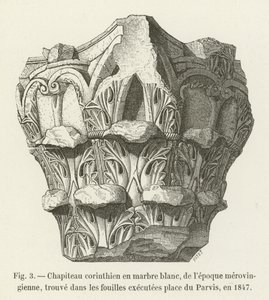 1847年にパルビス広場で行われた発掘調査で見つかった、メロヴィング時代の白大理石のコリント式マーキー 作： French School