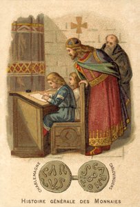 学校で字を書く子供たちを見るシャルルマーニュ（クロモリト 作： French School