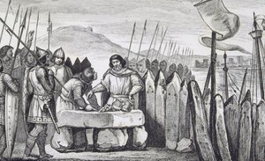 チャールズIIIザファット（839-88）は、1840年に出版されたコラートの「フランスの歴史」から、バイキングの侵略者を886年に払い戻します（彫刻） 作： French School