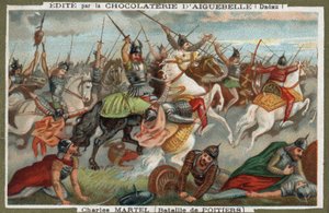 732年のポワチエの戦いでイスラム教徒を逮捕したシャルル・マルテル。19世紀のクロモリトグラフ。