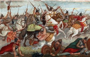 732年、ポワティエの戦いでイスラム教徒を逮捕するシャルル・マルテル。19世紀のクロモリトグラフ。