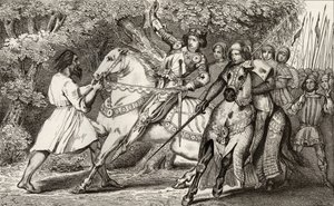 チャールズ6世（1368-1412）狂人は、1840年頃に出版されたコラートによる「フランスの歴史」から、アンジェ近くの森での待ち伏せについてアドバイスを受けています