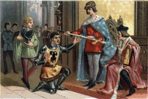 賢者シャルル5世（1338-1380）が、コネチカットのベルトラン・デュ・ゲスクラン（1320-1380）の槍を厳粛に手渡しています。1890年頃のクロモリトグラフ。 作： French School