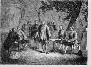 Charles de Secondat Montesquieu with the scientific cenacle at Castle Clairac, France - Le cenacle scientifique du chateau de Clairac: Montesquieu et le baron de Secondat, son, le chevalier de Vivens, Romas et les brothers Dutilh - - in "Album de la Scienc 作： French School