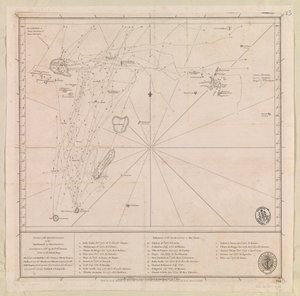 フランス海軍中尉ヴィクト・グルニエが1776年に作成したモーリシャスから北の群島海図 [セーシェル、モルディブ最南端、モーリシャス群島、チャゴス群島を含む]。 作： French School