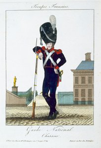 Troupes Francaisesのパブからの国家警備隊のChasseur。 chezバセット、パリ、c.1790