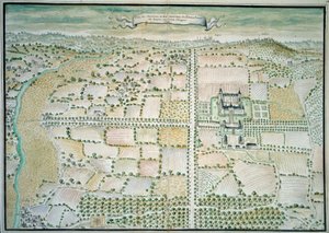 Chateaux de la Loire: "View of the chateau of Plessis Bourre" フランス派の水彩画である。1699年 パリ、B.N. 作： French School