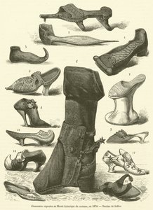 1874年にMusee historique du costumeで展示された靴（エングレーヴィング 作： French School