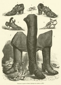 1874年にMusee historique du costumeで展示された靴（エングレーヴィング 作： French School