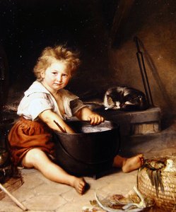 インテリアの中の猫を連れた子供（油彩・キャンバス） 作： French School