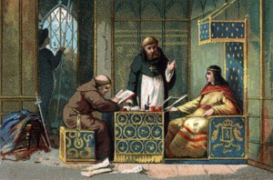 695年から711年までフランスの王だったチルデベール2世は、オワーズの城で、仕事を共にする修道士たちに囲まれている。1890年頃のクロモリトグラフ。