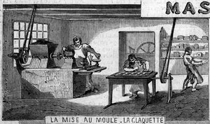 チョコレートの製造：秤量と型、タップ。パリのM.マソンの店（Usine de M. Masson 作： French School