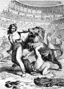 リヨンの円形劇場で獰猛な獣にさらされるキリスト教徒 - L.-P.の『Histoire de France』に掲載されています。アンケティル 作： French School