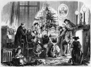 アルザスのクリスマスパーティー：クリスマスツリーを囲んで再会する家族。1月2日付「Le Monde Illustré」38号に掲載された図版