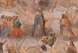 教会（Eglise Saint-Jean-Baptiste）。内部の様子。サン・フルーシー礼拝堂壁画。マリアの賛美（fresque dite de la bonne mort）。17世紀初頭。 作： French School