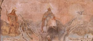 教会（Eglise Saint-Jean-Baptiste）。内部。サン・フルーシー礼拝堂。壁画。マリアの栄光（fresque dite de la bonne mort）。17世紀初頭。 作： French School