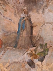 教会（Eglise Saint-Jean-Baptiste）。内部の様子。サン・フルーシー礼拝堂壁画。マリアの賛美（fresque dite de la bonne mort）。17世紀初頭。 作： French School