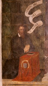 教会（Eglise Saint-Jean-Baptiste）。内部の様子。サン・フルーシー礼拝堂壁画。マリアの賛美（fresque dite de la bonne mort）。17世紀初頭。 作： French School