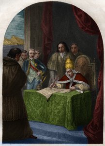 1773年7月21日、イエズス会を廃止するクレメンス14世（1705-1774）。モーリス・ラシャトレ著「教皇の歴史：犯罪、殺人、毒殺、親殺し、姦淫、近親相姦...」に掲載された1842年のエングレーヴィング。個人蔵。 作： French School