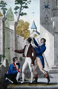 ルイ＝ブノワ・ピカールの喜劇「Les Deux Philibert」第3幕第7場の「Clozel、Pelissier、Armand」（カラーリトグラフ） 作： French School