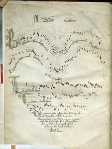 バラード、モテット、歌のコレクション バウド・コルディエ（1380-1440）による黒と青の赤の音符の音楽ページ、15世紀初頭の楽譜。シャンティ、コンデ美術館 作： French School