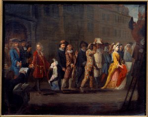 コメディア・デラルテ「イタリア喜劇廃止後の喜劇人の解雇」 ルイ14世は1697年5月4日、フランソワーズ・ドービーニュに直接向けられた戯曲「偽りの無礼者」のために、古代イタリア喜劇の劇場を閉鎖した。 作： French School