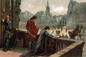 コンスタンスは、夫であるフランス王ロベール2世（996-1031）の隣で、パリのグレーブ広場（現在のホテル・ドゥ・ヴィル広場）で断罪された異端者たちの拷問を見ている。1890年頃のクロモリトグラフ。 作： French School