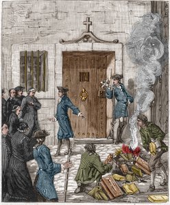 1762年8月6日のパリ高等法院の判決を受けて、ソシエテ・デ・イエズス会に与えられた有罪判決。裁判所は、24冊以上の本とイエズス会が作った本を処刑人が燃やすことを命じた。19世紀のエングレーヴィング。 作： French School