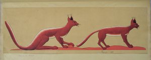 2匹の野生の猫を描いたオリジナルの古代エジプトの壁画のコピー 作： French School
