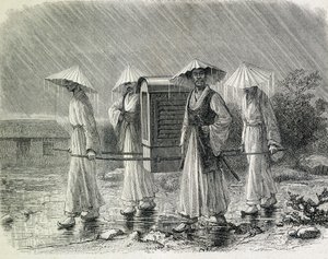 椅子を運ぶ輿（コリアンの雨合羽）に身を包むコリアン。イラストは元海軍士官H.ツーバーの「朝鮮遠征記」（1866年）より引用。 作： French School