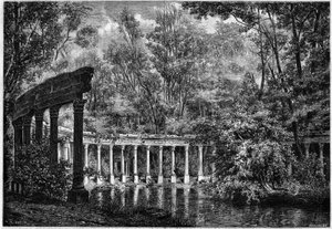パリ、モンソー公園の楕円形の水盤を囲むコリント式の柱廊 作： French School