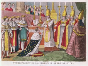 1825年5月29日、ランスでのチャールズX（1757-1836）の戴冠式（カラー彫刻） 作： French School