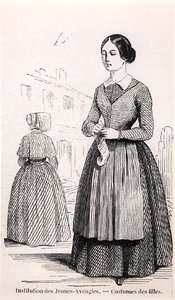 1852年に出版されたエドモン・テクシエの「パリの絵」に描かれた盲学校の少女たちの衣装（エングレービング）（モノクロ写真