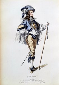 Jean Baptiste Poquelin dit Moliere（1622-1673）の同名作品の第1幕第2場のドン・ファンの衣装。19世紀のパリのコメディ・フランセーズのエングレーヴィング 作： French School