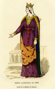 1360年、カペティア王妃の衣装。金色の王冠をかぶり、滑らかなヘアスタイルを部分的に隠す薄手のヴェールをかぶり、胸に金色の鎖で固定されたオープン・クラミーデ（コート）を着ている。 作： French School