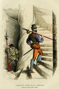 プレヴォートのボディガードの衣装、それに続く衛兵士官の衣装（1574年から1589年）。1882年にパリで出版されたオーギュスタン・シャラメル（F.Roy編集者）の「France et les francais a travers les siecles」に掲載されたカラー彫刻。セルバ・コレクション。