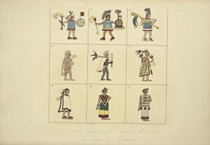 モンテスマの時代のメキシコの画家によって設計された衣装、コルディジェラの眺めとアメリカ先住民の記念碑からのイラスト、アレクサンダーフォンフンボルトとエイムボンプランド、1 作： French School