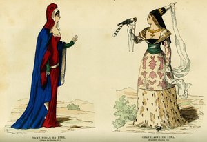 1386年の貴婦人と1395年のシャトレーヌの衣装（シャルル7世1403-1461年）。カラー・エングレーヴィング、Augustin Challamel著、F.Roy編、"France et les francais a travers les centuries "所収、パリ1882年。セルヴァ・コレクション。