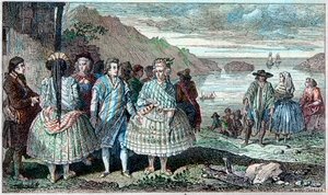 ラ・コンセプション（チリ）の住民の衣装 - Atlas du Voyage de La Perouse (Laperouse) 1785年から1788年の間に世界中を旅した、1797年のパリ。 作： French School