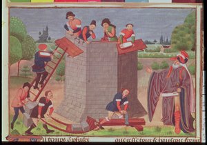 Cott Aug V fol.22 バベルの塔の建設、「Le Tresor des Histoires」のミニチュア (ベラム) 作： French School