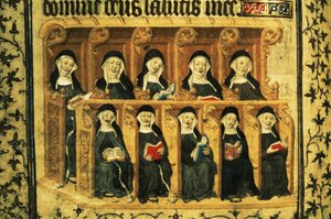 Cott Dom A XVII f.74v 合唱団の屋台にいる修道女、パリのヘンリー 6 世の詩篇より 作： French School