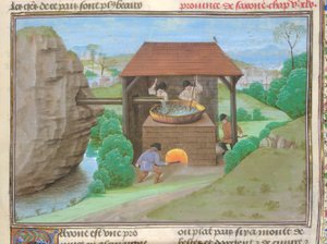 コットン アウグストゥス 5 世、f.363 鍋と炉のある塩小屋、「Le Tresor des Histoires...」のイラスト（ベラム） 作： French School