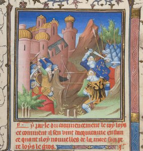 コットン ネロ E II pt.1、f.222、「ルイ 7 世とその父の戦い」、「Grandes Chroniques de France」より 作： French School